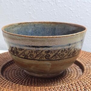 Artisan Studio Pottery Bowl Blue Crackle Glaze Rustic Floral Stoneware